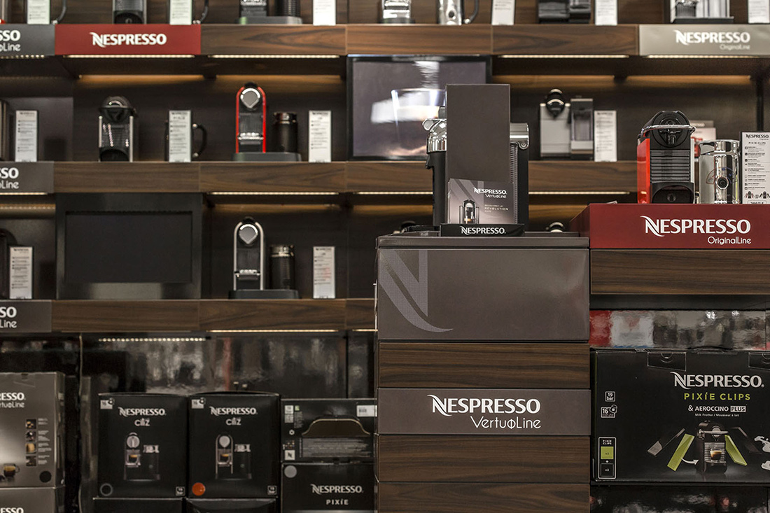 Custom Shop-in Shop Furniture Nespresso Store Design- Custom Shop-in Shop Retail Furniture - Beverage and Houseware Display Fixture