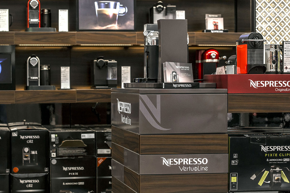 Custom Shop-in Shop Furniture Nespresso Store Design- Custom Shop-in Shop Retail Furniture - Beverage and Houseware Display Fixture