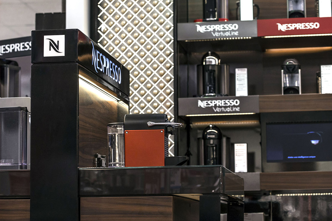 Custom Shop-in Shop Furniture Nespresso Store Design- Custom Shop-in Shop Retail Furniture - Beverage and Houseware Display Fixture