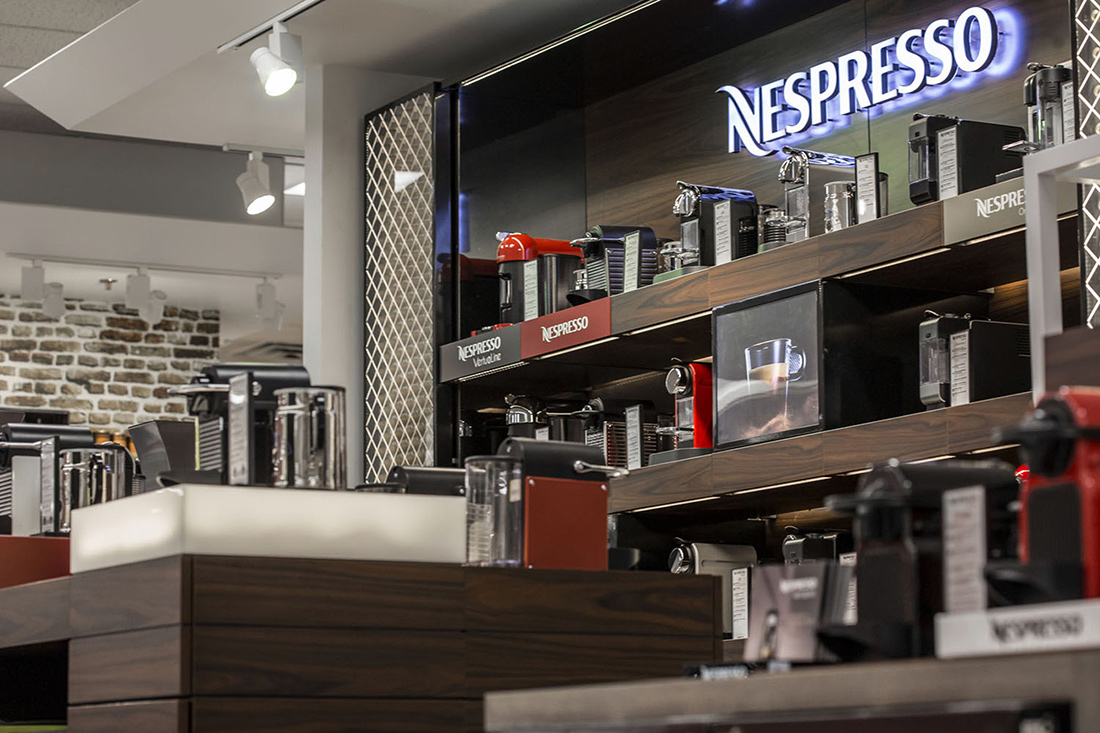 Custom Shop-in Shop Furniture Nespresso Store Design- Custom Shop-in Shop Retail Furniture - Beverage and Houseware Display Fixture