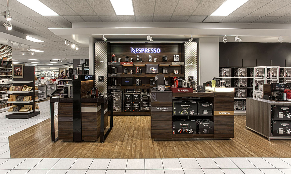 Custom Shop-in Shop Furniture Nespresso Store Design- Custom Shop-in Shop Retail Furniture - Beverage and Houseware Display Fixture