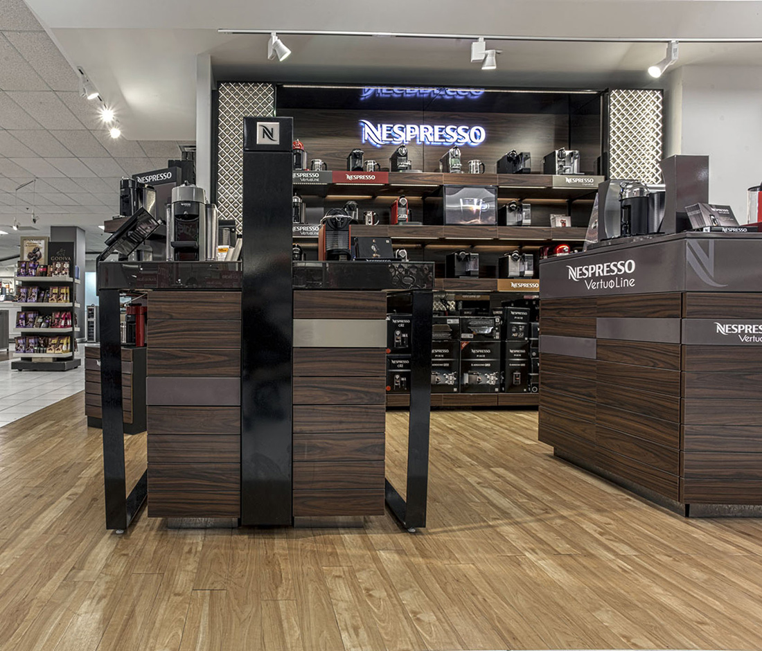 Custom Shop-in Shop Furniture Nespresso Store Design- Custom Shop-in Shop Retail Furniture - Beverage and Houseware Display Fixture