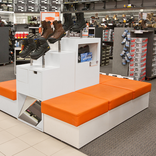 Mark's Store Design - Custom Retail Furniture - Shoe Display and Bench with mirror - Retail Fixtures