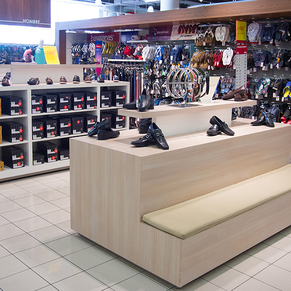 Jumbo Dominican Republic Store Design - Custom Shoe Display Bench and shoe shelving