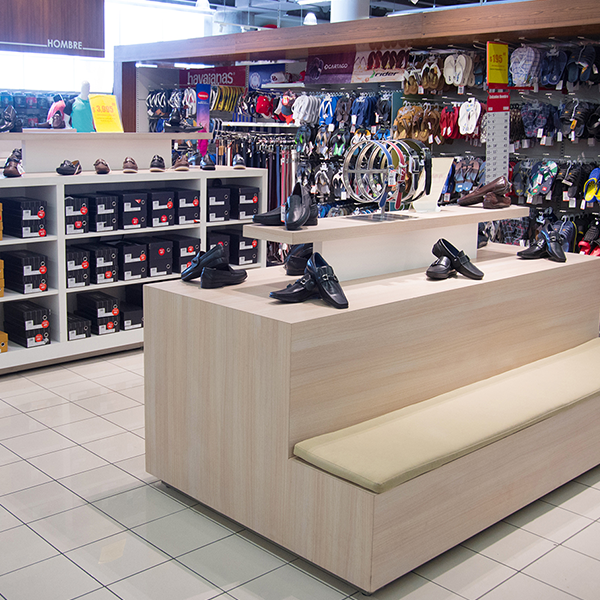Custom Retail Furniture Jumbo Dominican Republic Store Design - Custom Shoe Display Bench and shoe shelving