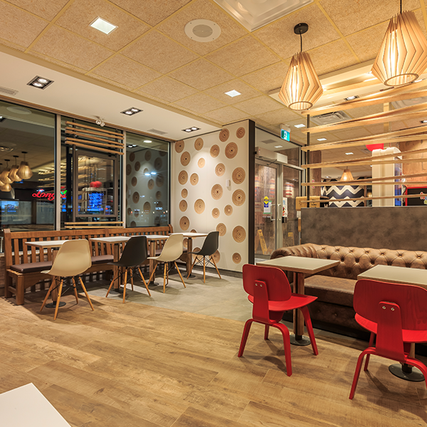 Restaurant Installation - Custom Hospitality Furniture McDonald's Wood & Stone Restaurant Installation - Custom Hospitality Furniture