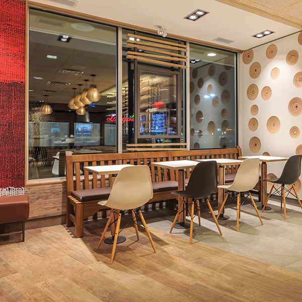 Restaurant Installation - Custom Hospitality Furniture McDonald's Wood & Stone Restaurant Installation - Custom Hospitality Furniture
