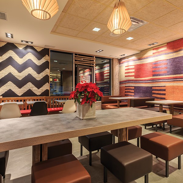 Restaurant Installation - Custom Hospitality Furniture McDonald's Wood & Stone Restaurant Installation - Custom Hospitality Furniture