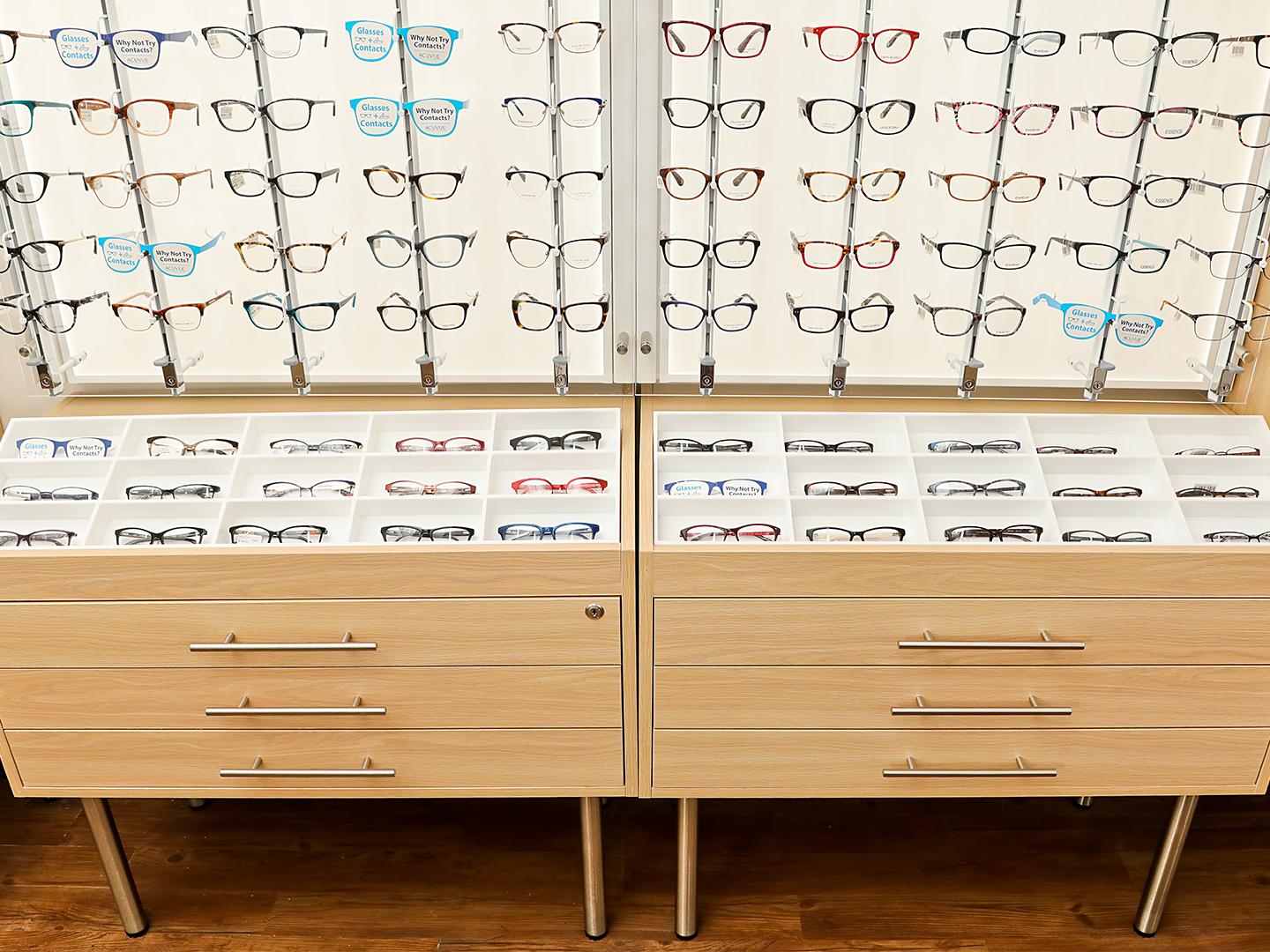 CVS Store Design - Custom Optical Display - Wall Glasses Display with Built-in Storage - Eyeglasses Display