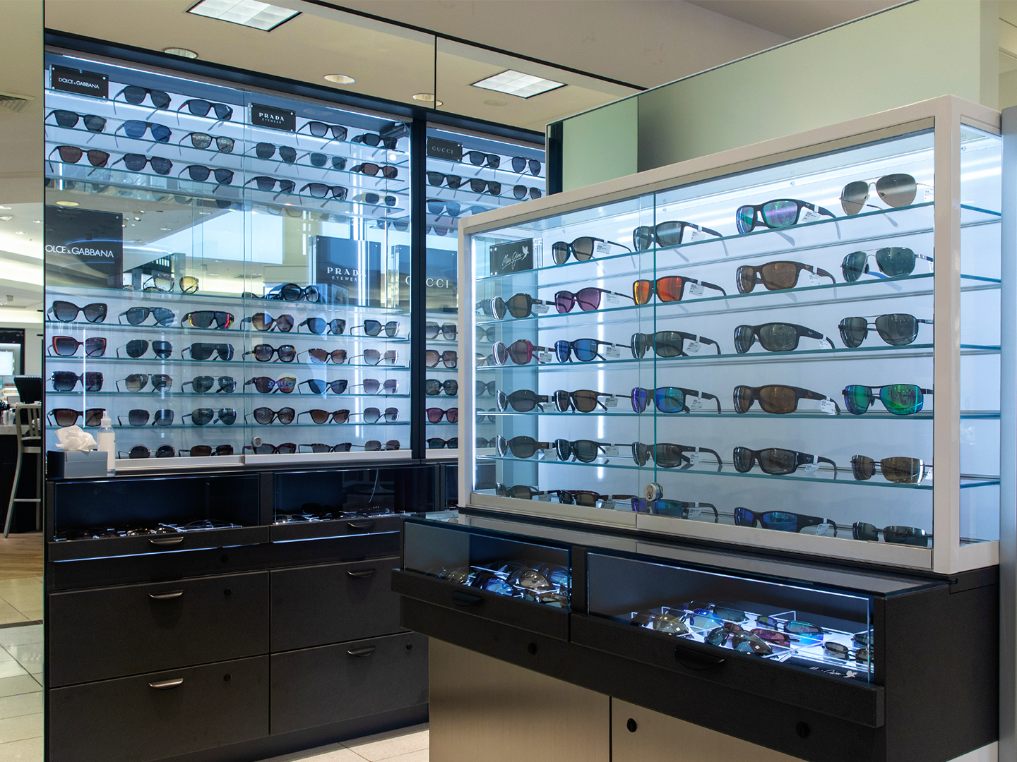 Close-up of Belk's custom sunglasses display, focusing on arrangement and craftsmanship
